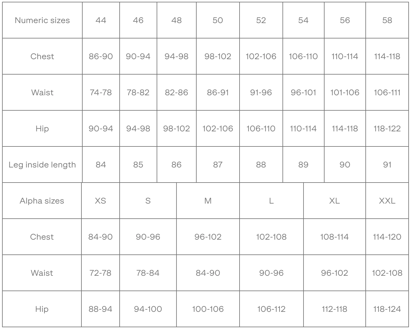 Mens size chart