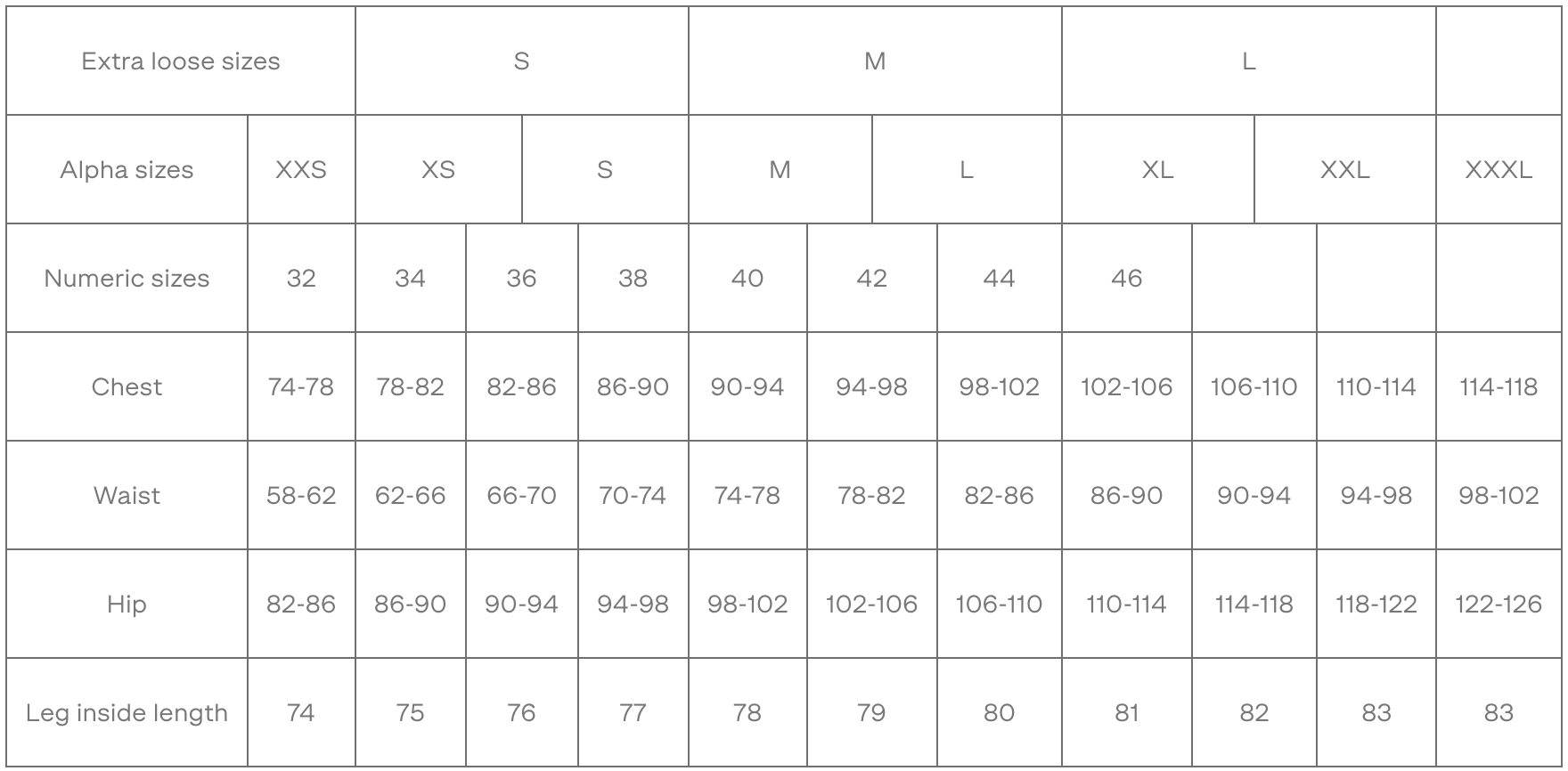 Size chart