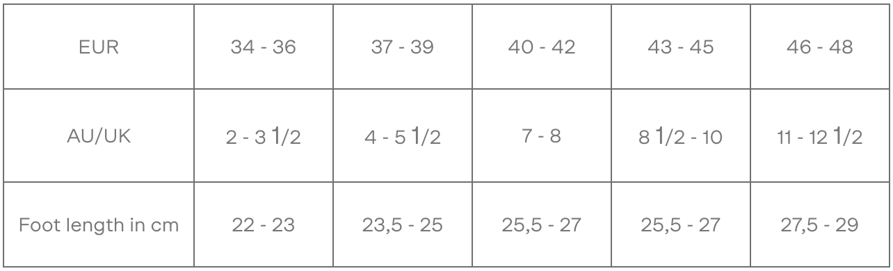 Socks size chart