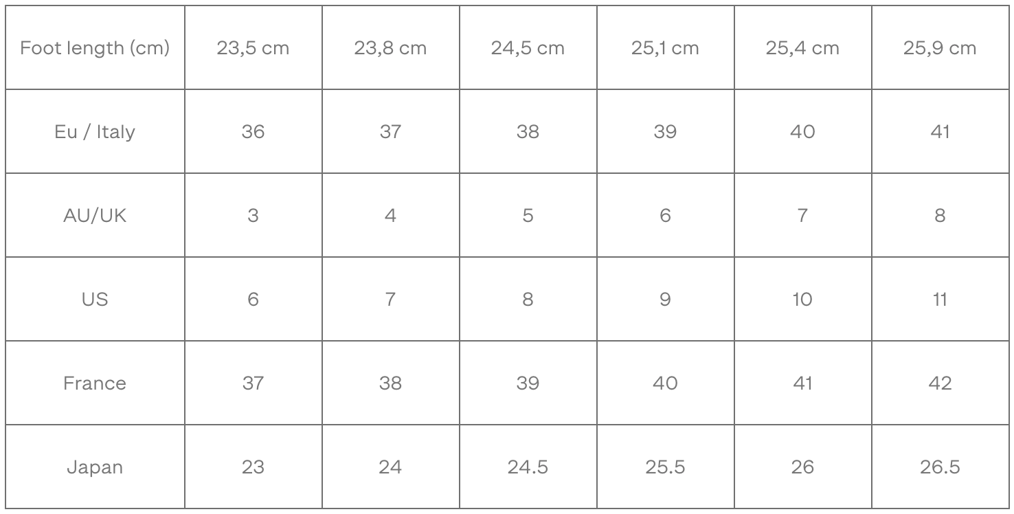 Womens shoes chart